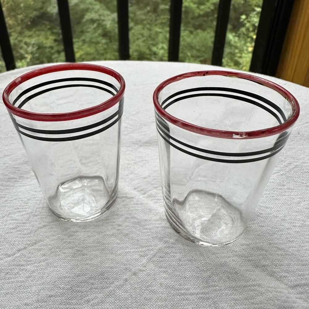 Vintage Nostalgic 1960s Era Matched Red & Black Banded Pair Clear Shot Glasses